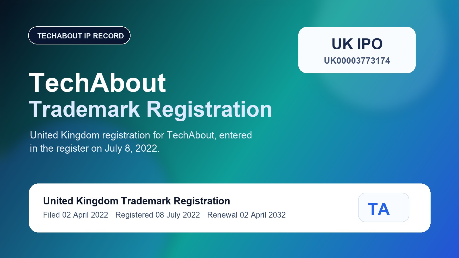 TechAbout UK trademark registration: UK00003773174