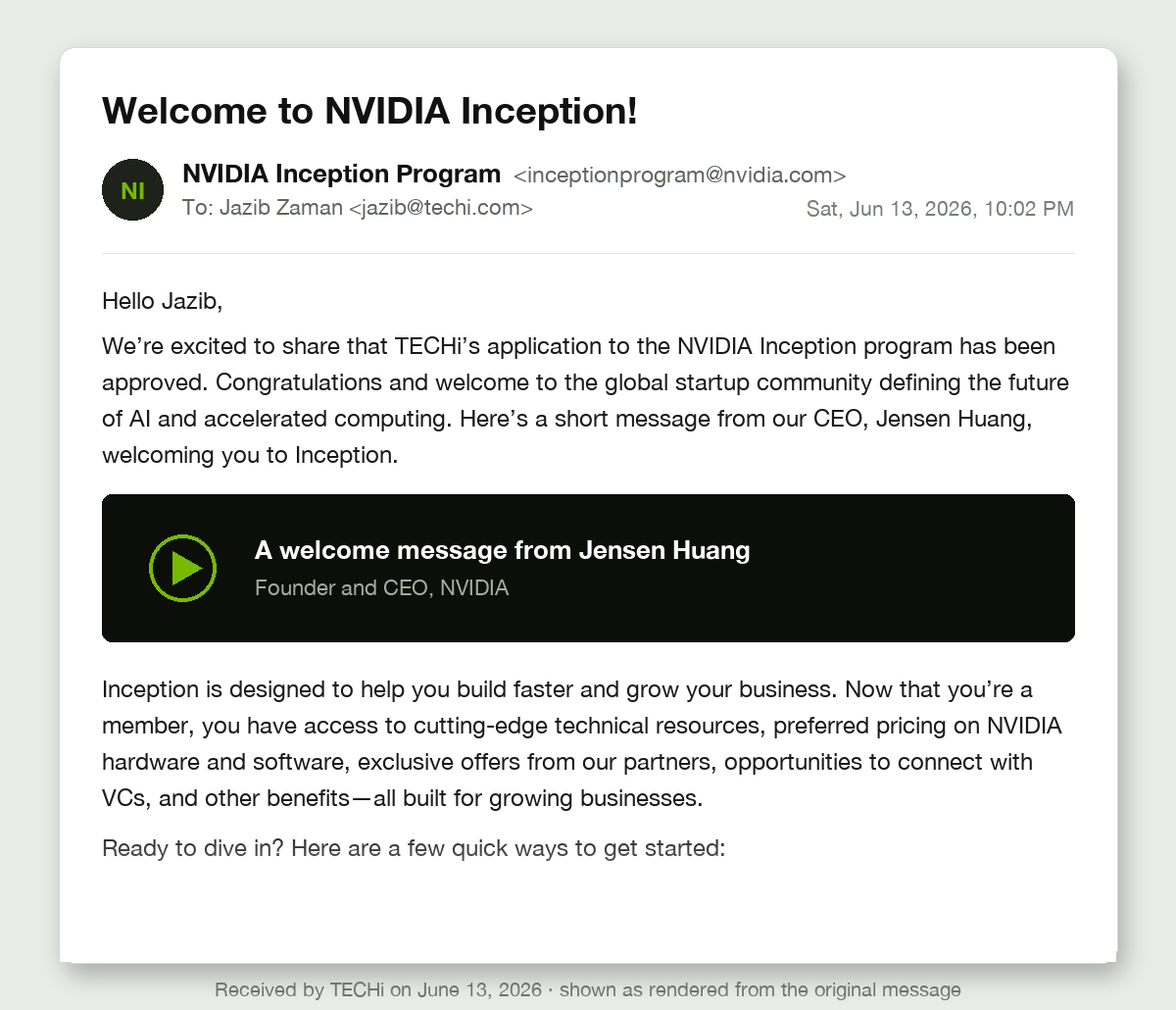 NVIDIA Inception approval email received by TECHi on June 13, 2026