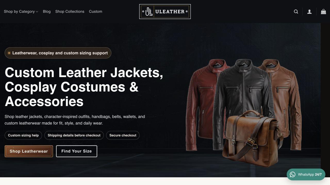 uLeather homepage presenting jackets, cosplay costumes, accessories and custom-sizing guidance