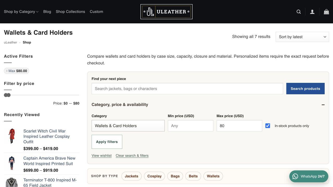 uLeather wallet catalog filtered by category, an $80 maximum price and in-stock availability