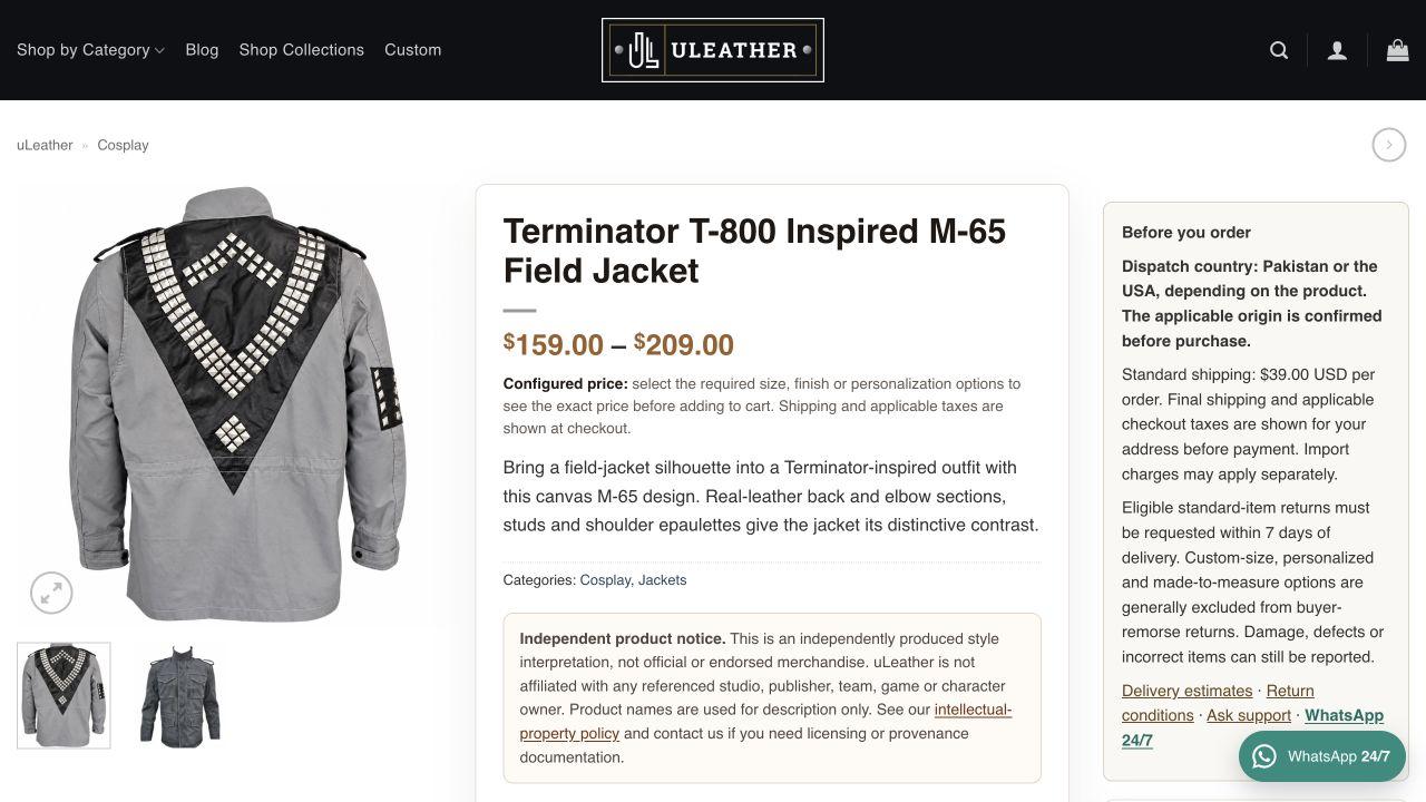 uLeather M-65 field jacket page with product imagery, edition selector and sizing options