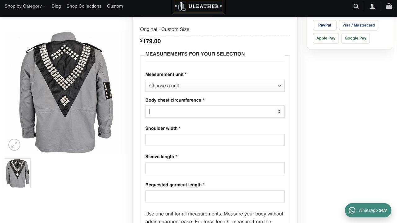 Original Custom Size M-65 jacket configuration showing a $179 price and four required measurements