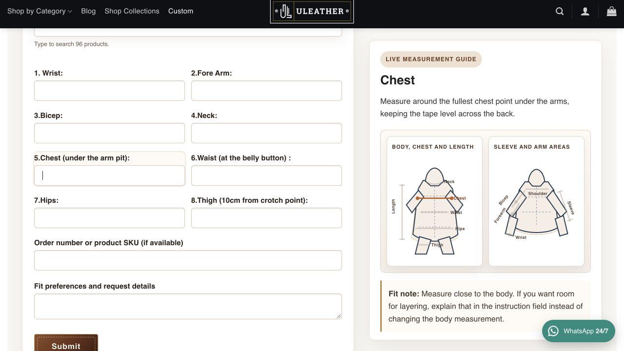 uLeather measurement form with the chest field focused and chest-specific guidance displayed beside it