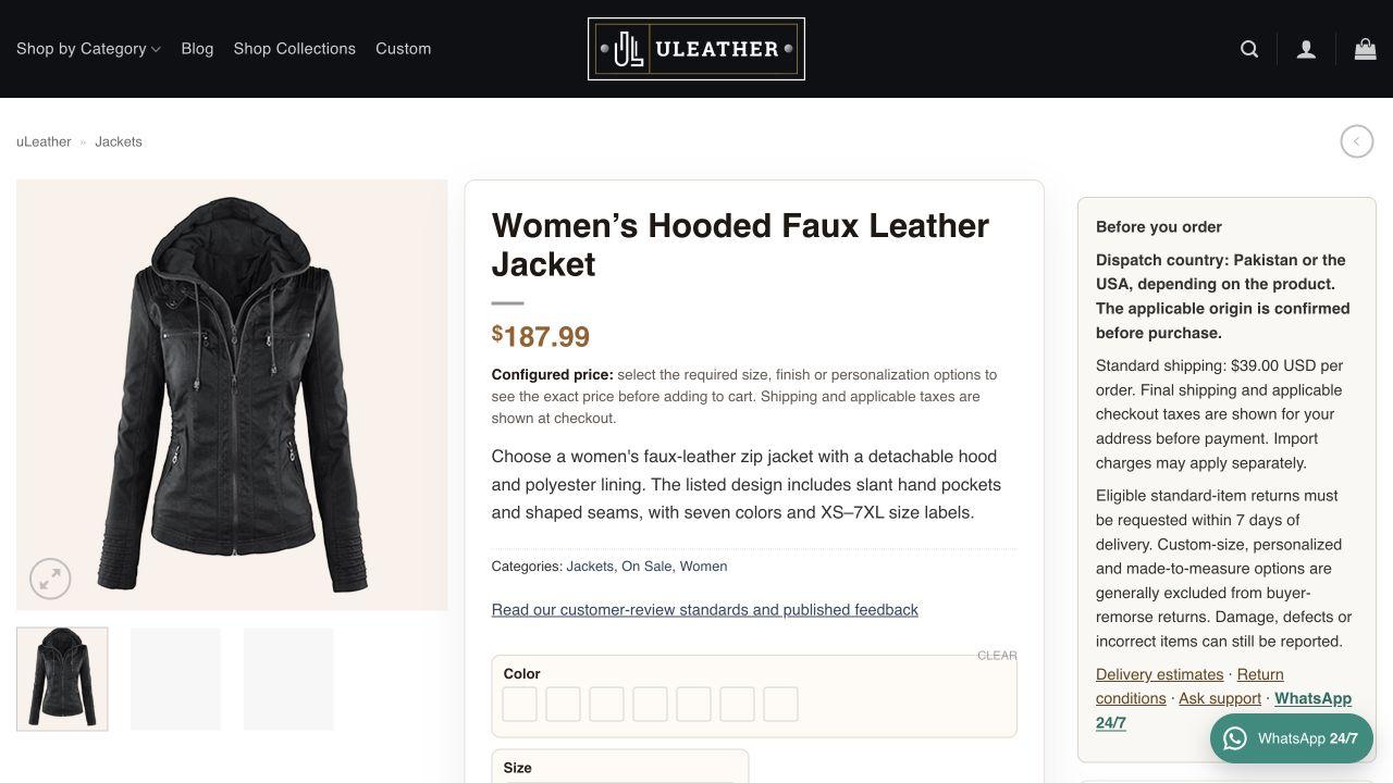 Women's Hooded Faux Leather Jacket listing showing an everyday outerwear example in uLeather's catalog